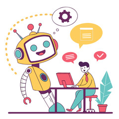 Friendly robot assisting a person working on a computer isolated on transparent background