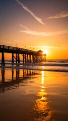 Obraz premium A beautiful golden hour sunset over a wooden pier stretching into the ocean, with warm light reflecting on the wet sand and gentle waves. Perfect for travel, relaxation, and summer themes.
