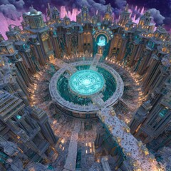 Obraz premium Futuristic Towering Cityscape with Circular Arena and Glowing Portal Under Dramatic Cloudy Sky at Dusk