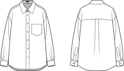 Flat vector template of classic long sleeve button-up shirt with chest pocket, cuff details, and back yoke fashion illustration