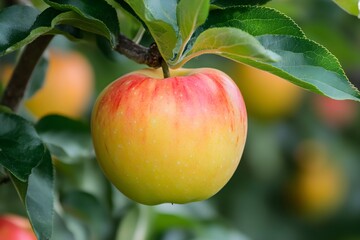 Ripe red and yellow apple on tree branch