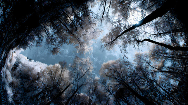 reversed forest composition with sky at the bottom and roots reaching upward