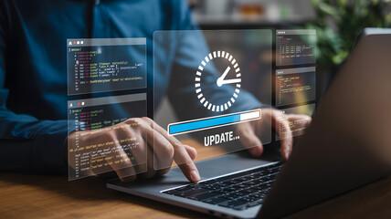 Seamless software update process, progress bar and clock graphic overlaying a person's hands typing on a laptop keyboard