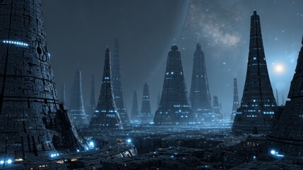 Futuristic Sci-Fi Landscape with Towering Structures and Cosmic Atmosphere under Bright Stars and Distant Planets