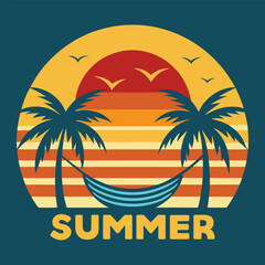summer logo with palm trees and hammock.