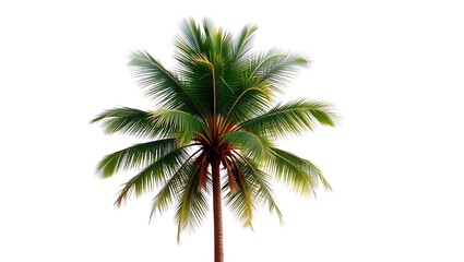 A single coconut palm tree with a brown trunk and bright green leaves isolated against a white background