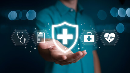 Hands offering glowing digital health icons symbolizing protection, care, and medical wellness services in a modern technological concept