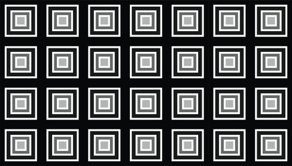 Seamless geometric pattern of concentric squares in white on black background, creating an optical illusion effect
