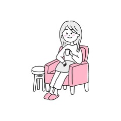 ソファでコーヒーを飲んでリラックスする女性のイラスト