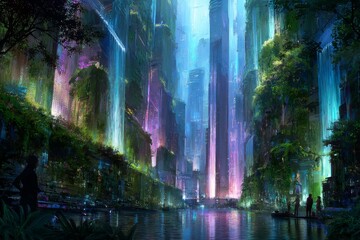 Obraz premium Majestic Futuristic City with Lush Greenery and Vibrant Neon Lights Reflecting on a Serene Waterway