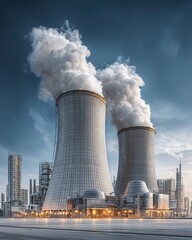 Modern nuclear power plant with large cooling towers emitting steam under clear blue sky, clean industrial setting, no people, photorealistic and ultra-detailed.