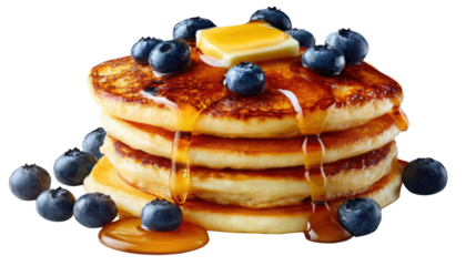 Stacked Pancakes: A close-up shot of a stack of freshly made pancakes, drizzled with golden syrup, blueberries, and a pat of butter, creating a mouthwatering display of a delicious treat.
