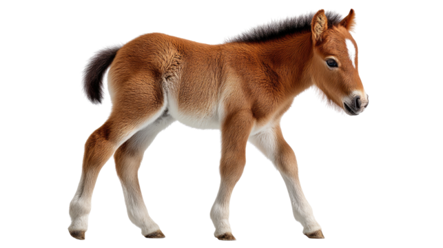 Adorable Foal Standing: A cute, photorealistic foal with beautiful coat, exploring the world with curiosity, its tender expression adding to the image's warmth and charm. 