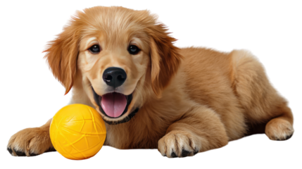 Golden Retriever Puppy's Joyful Moment: A golden retriever puppy's captivating smile and playful pose beside a yellow ball evoke pure joy and warmth.