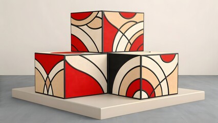 Abstract Geometric Cubes Art Installation with Curved Lines and Bold Colors
