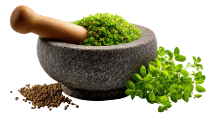 Fresh Herbs and Mortar: A visual feast showcasing a granite mortar filled with freshly ground herbs alongside a wooden pestle, a sprig of aromatic herbs, and scattered peppercorns.
