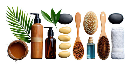 Spa Essentials: A collection of spa products including wooden brushes, essential oils, and natural stones offers a calming visual experience, depicting elements of beauty and wellness.