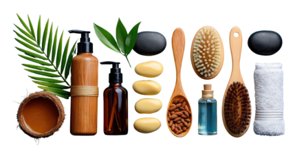 Spa Essentials: A collection of spa products including wooden brushes, essential oils, and natural stones offers a calming visual experience, depicting elements of beauty and wellness.