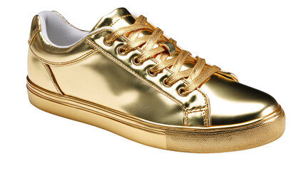 Golden Sneaker: A dazzling golden sneaker, exuding style and luxury. Its metallic finish catches the light, showcasing the intricate design of a modern footwear essential.
