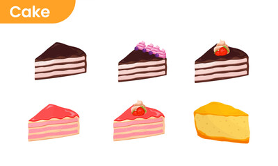 Set of Vector cake icon. Piece of yoghurt dessert confectionery with berries and strawberry