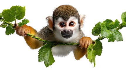 Playful Squirrel Monkey: Capturing the playful spirit of a squirrel monkey, a vibrant image presents the primate perched on a leafy branch.