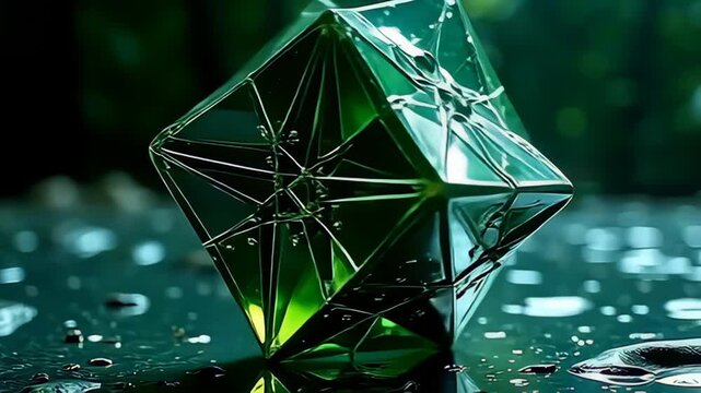 Witness the captivating transformation of a cubic angular molecule shifting like alien star engine, as it expands and contracts, morphing through various shades of emerald and silver,