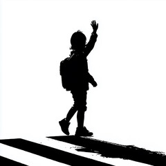 Silhouette of elementary school student waving while crossing pedestrian crossing