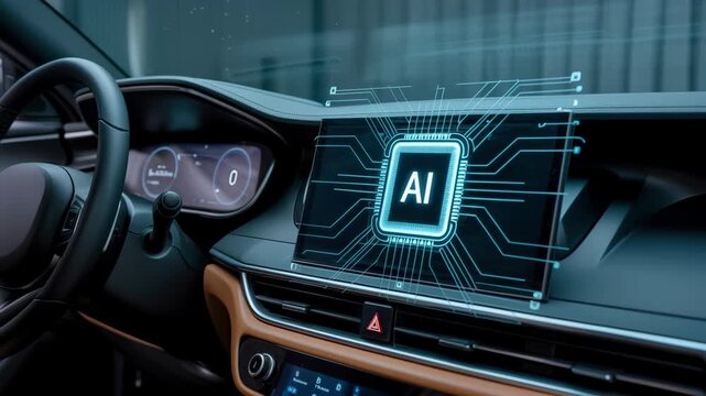 AI technology edge concept on car dashboard screen featuring modern steering wheel and digital speedometer showcasing innovative speed control system