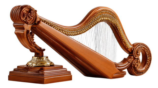 Musical Reverie: This image of a detailed harp, with a golden inlay of a sophisticated form, stands out. It evokes classical elegance and harmonious expression.