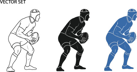 Three rugby player silhouettes in different colors holding the ball
