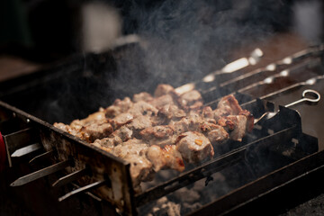 Grilled meat skewers cooking on open charcoal grill with smoke rising during outdoor barbecue, close-up view of traditional shashlik preparation on skewers at picnic or street food market