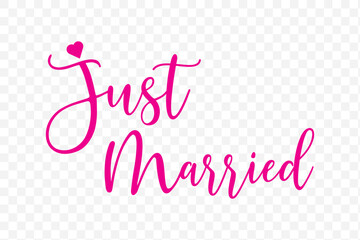 Just Married hand lettering phrase. Vector brush calligraphy text design isolated on white background.
