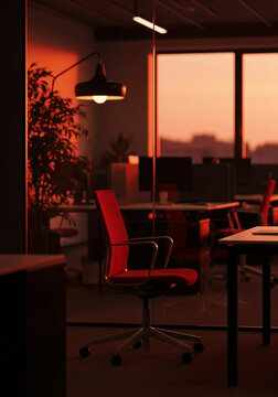 Empty office space bathed in the warm colors of a setting sun creating a serene and productive atmosphere