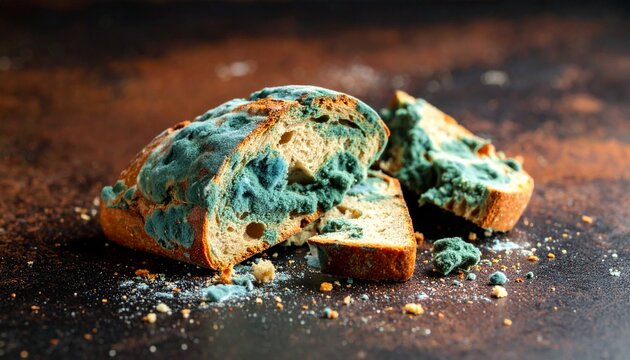 Moldy bread slices on dark surface