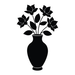 black and white illustration of a vase with flowers.