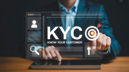 Professional businessman verifies customer identity and data using digital interface for enhanced security and compliance in modern business operations