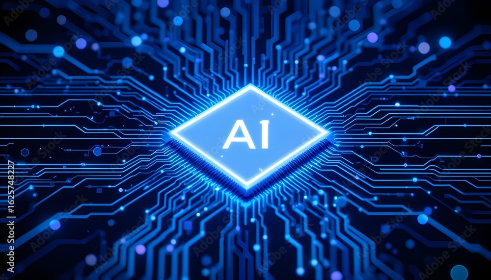 Aufkleber artificial intelligence ai chip on a blue circuit board with glowing connections and data points