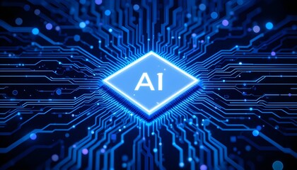 Artificial intelligence ai chip on a blue circuit board with glowing connections and data points
