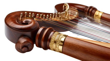 Musical Harmony: A close-up shot showcasing a beautifully crafted, antique harp, highlighting its intricate details and resonating strings, a symbol of timeless music and artistic beauty.