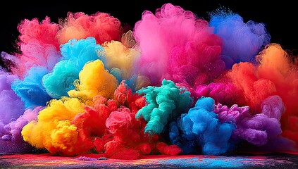 Exploding vibrant color plumes against a black backdrop.  A kaleidoscope of rainbow hues, like paint or powder, erupts in thick, swirling clouds, cascading down onto a dusty, multicolored surface