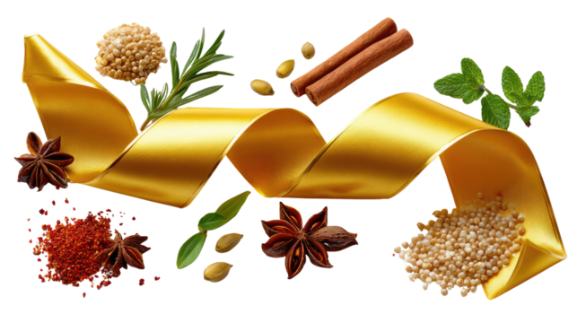 Aromatic Fusion: A vibrant display of culinary treasures, a golden ribbon gracefully intertwines amidst an array of aromatic herbs, spices, seeds, offering a sensory feast for the eyes.