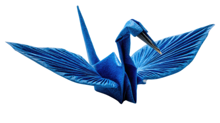 Blue Origami Crane: A close-up shot of a meticulously folded origami crane in brilliant shades of blue, showcasing the intricate artistry of paper folding and symbolizing peace and hope.