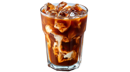Iced Coffee Refreshment: A tall glass of iced coffee offers a refreshing beverage, with ice cubes chilling the rich brew and a swirl of creamy milk for a delightful sensory experience.