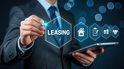 Businessman uses digital interface to explore leasing options, symbolizing smart investment and financial growth with modern technology