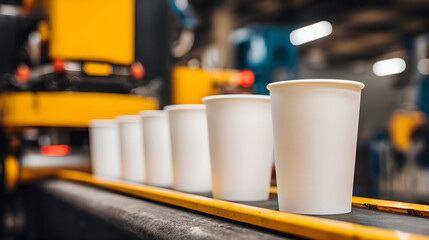 A line of white paper cups moves along a conveyor belt in a factory.
