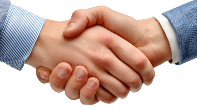 Handshake of Agreement: A close-up shot of a firm handshake between two individuals, set against a neutral background, symbolizes collaboration and deal