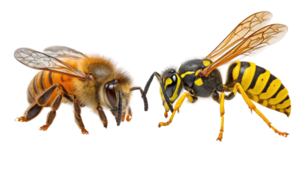 Bee vs. Wasp: A captivating visual of a bee and a wasp in a tense face-off, showcasing their distinct features, the image highlights their differences.
