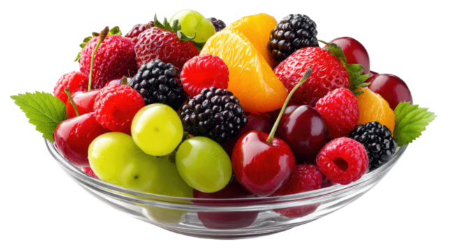 Vibrant Fruit Symphony: A visual feast showcasing a colorful arrangement of fresh, ripe fruits elegantly presented in a glass bowl, offering a refreshing and healthy appeal.