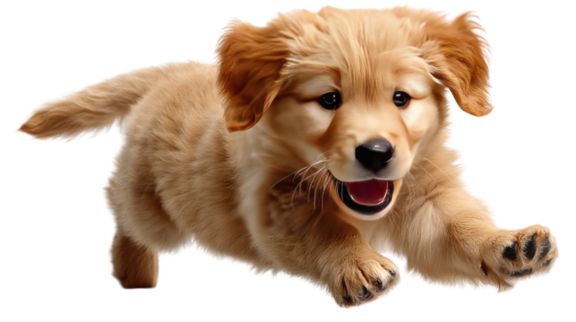 Golden Retriever puppy in Playful Moment: A spirited Golden Retriever puppy bounds forward with unbridled joy, a picture of canine happiness. It's a perfect depiction of a young, adorable pet.