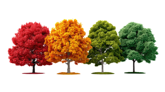 The Seasons Trees: A captivating tableau of four trees, each adorned in the vibrant hues of the four seasons, standing in a row, showcasing nature's cyclical beauty.